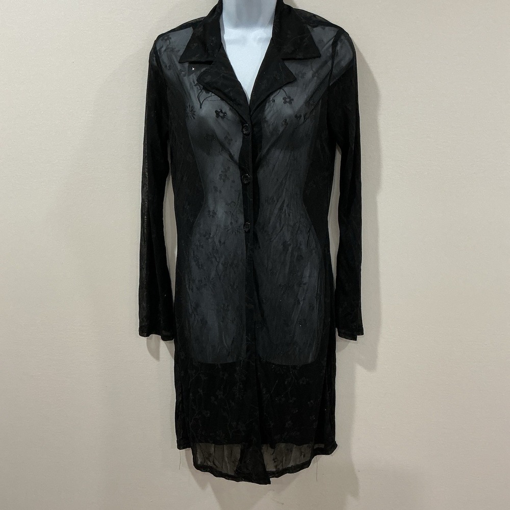Vintage Y2K Tunic Dress Black Sheer Whimsigoth Button Down Floral Embroidery 14
